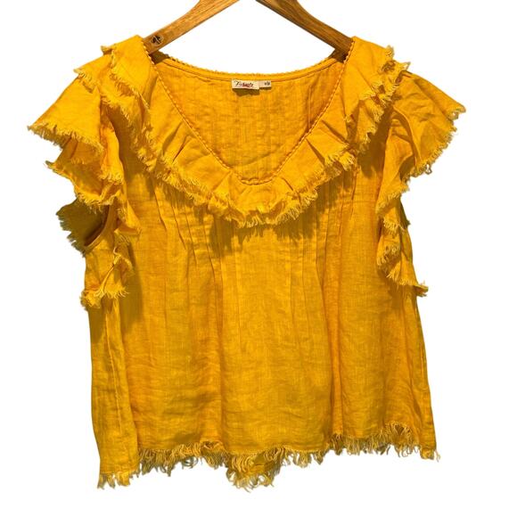 Faherty Yosepha Yellow Linen Fringe Short Sleeve Top - size Medium - Picture 2 of 7